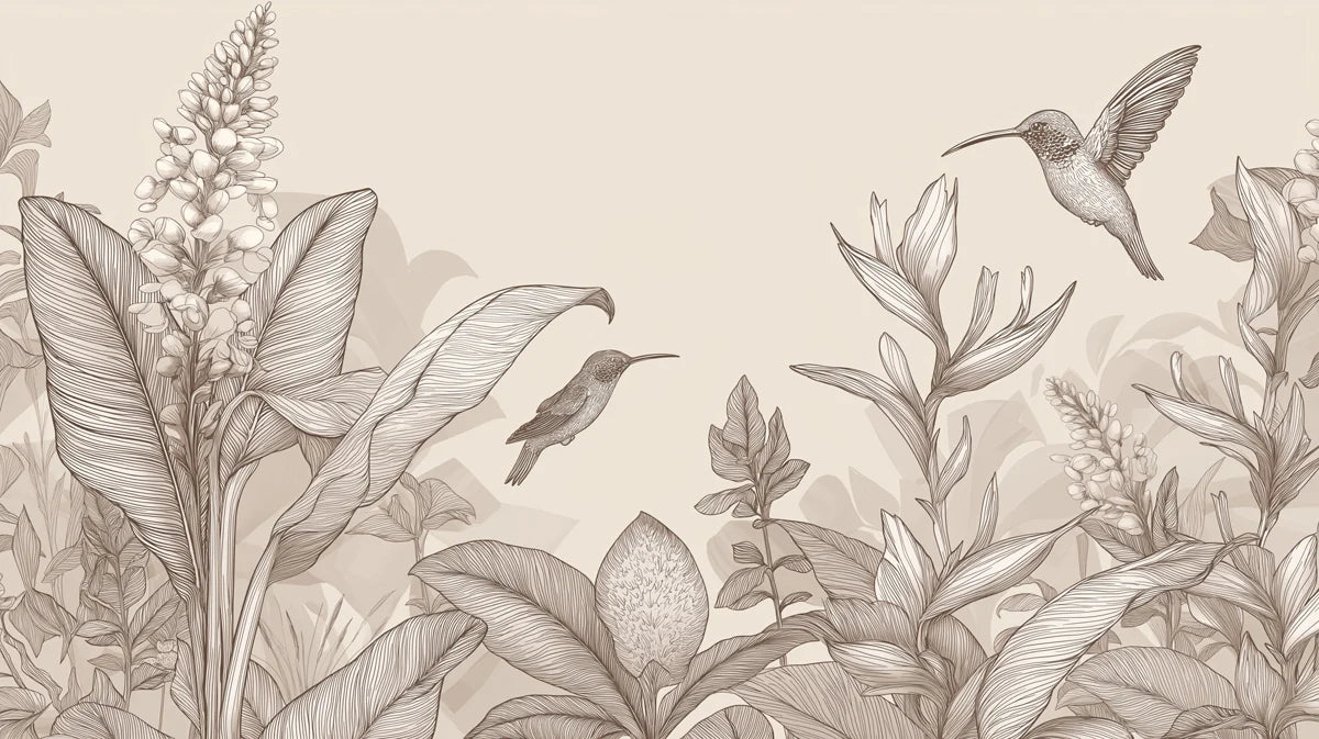 Hummingbird Botanical Line Art Mural Wallpaper — Soft Beige Mural Wallpaper - room preview 04