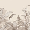 Hummingbird Botanical Line Art Mural Wallpaper — Soft Beige Mural Wallpaper - room preview 04