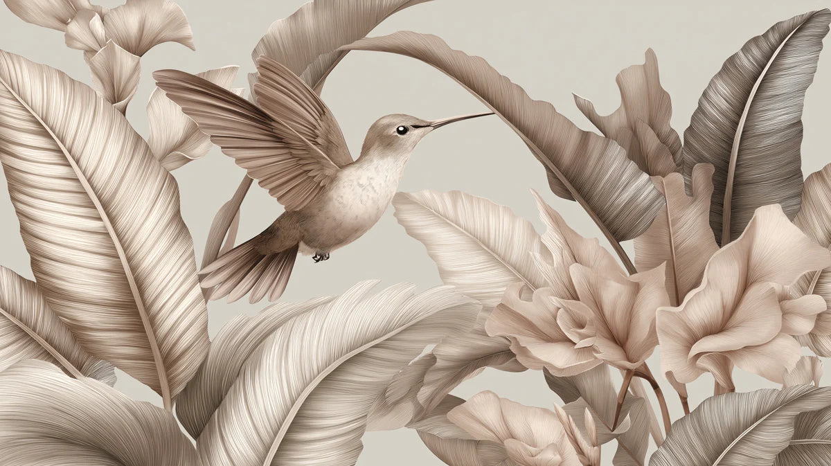 Hummingbird and Palm Leaf Mural Wallpaper — Sepia Botanical Art Mural Wallpaper - room preview 04