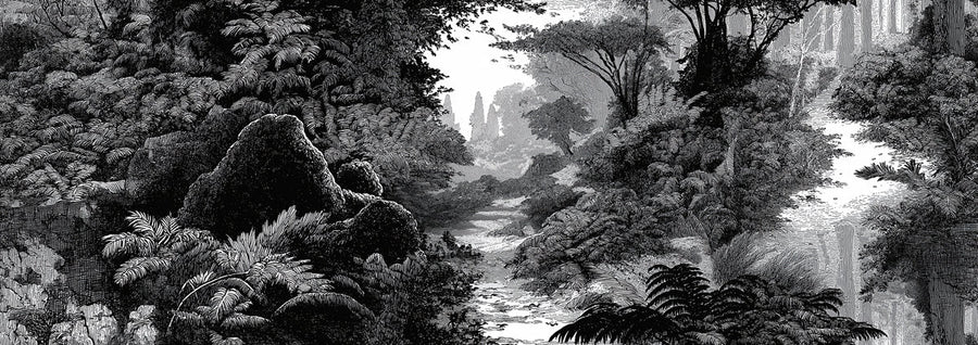 Woodland Nursery Wallpaper Mural – Baby Animals Wall Mural – Monochrome Woodland Stream — Vintage Engraving Style printable artwork