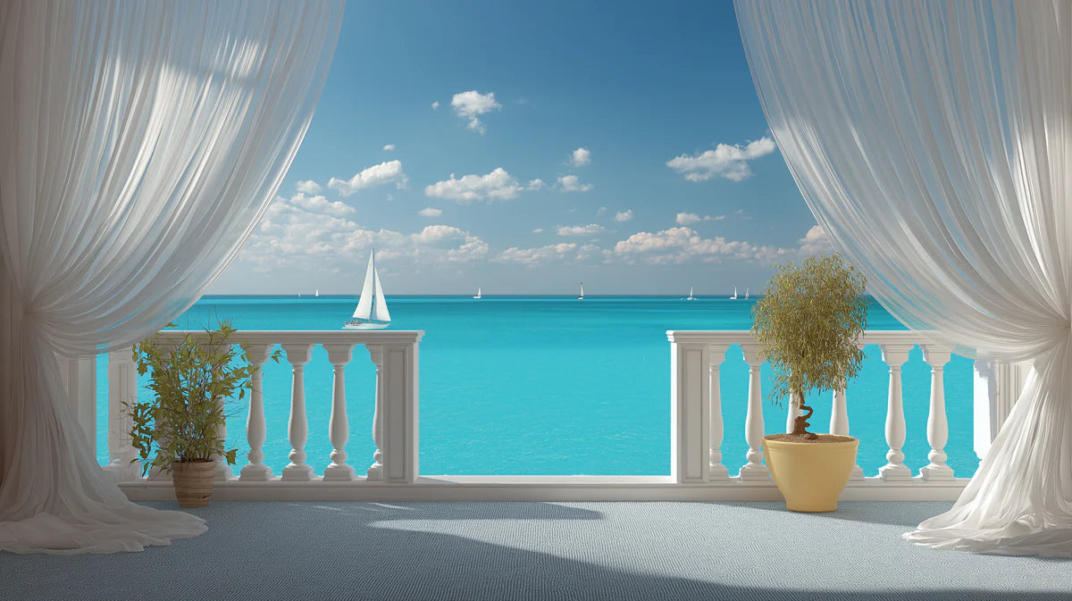 Mediterranean Balcony Mural Wallpaper — Coastal Sailboat Horizon Mural Wallpaper - room preview 04