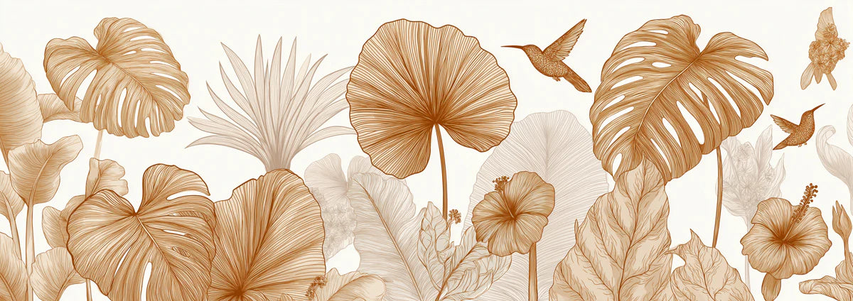 Golden Botanical Line Art Mural Wallpaper — Tropical Sketch Mural Wallpaper - room preview 04
