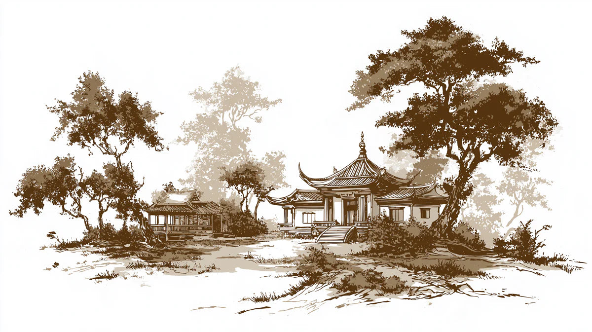 Traditional Pavilion Landscape Mural Wallpaper Vintage Sketch Art Mural Wallpaper - room preview 04