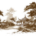 Traditional Pavilion Landscape Mural Wallpaper Vintage Sketch Art Mural Wallpaper - room preview 04