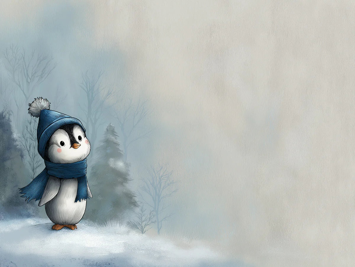 Winter Penguin Landscape Mural Wallpaper — Whimsical Blue Scene Mural Wallpaper - room preview 04