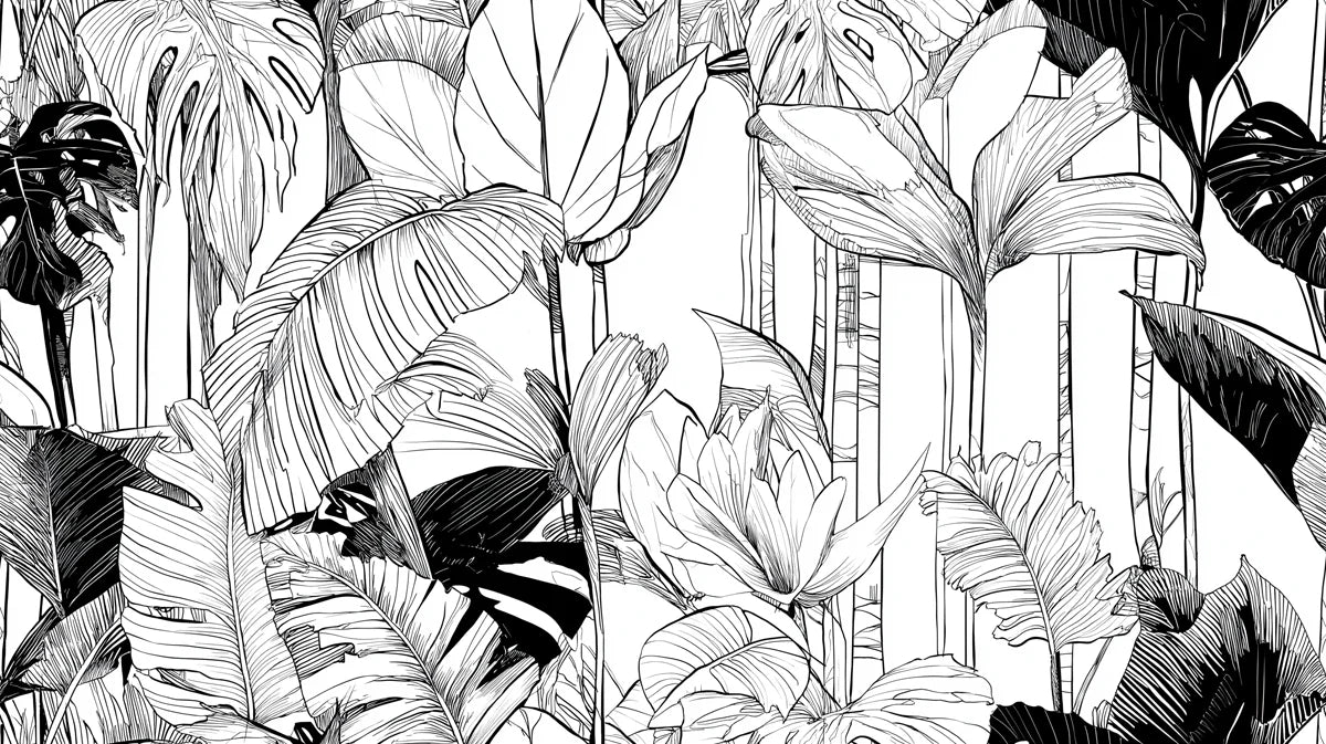 Monochrome Tropical Foliage Mural Wallpaper — Graphic Leaf Design Mural Wallpaper - room preview 04