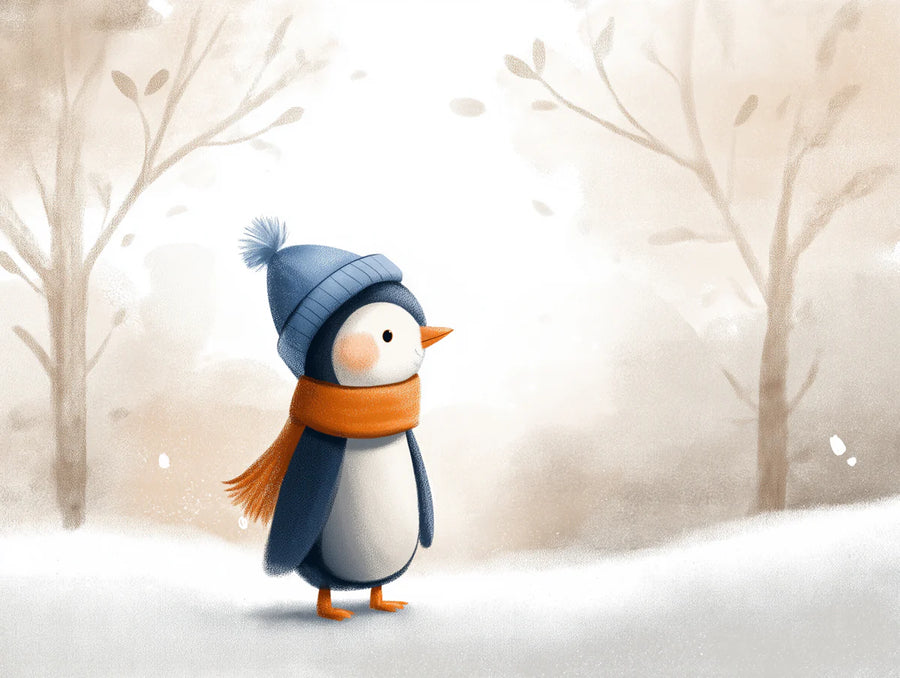 Woodland Nursery Wallpaper Mural – Baby Animals Wall Mural – Winter Penguin Woodland — Whimsical Snowy Scene printable artwork
