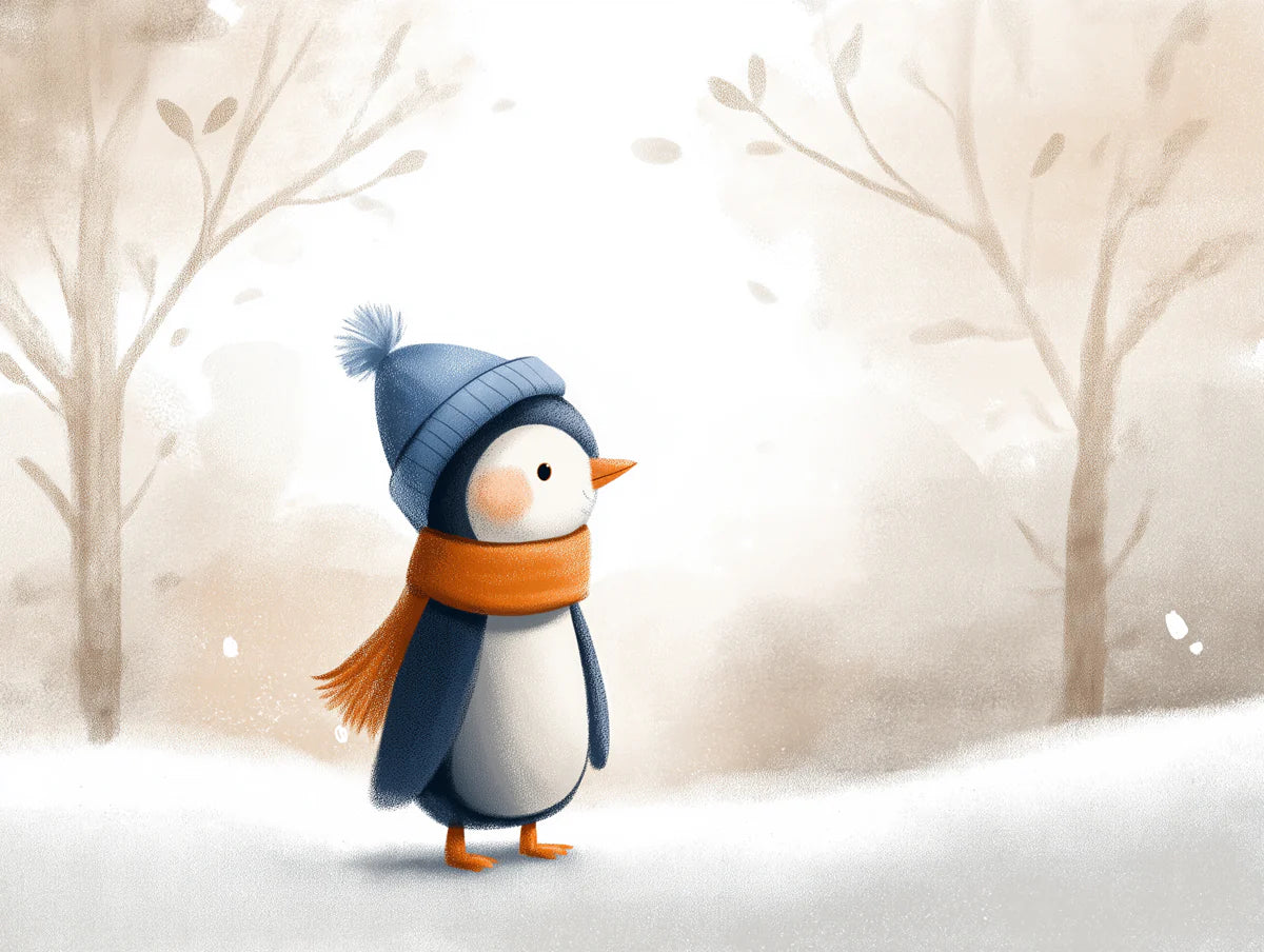 Winter Penguin Woodland Mural Wallpaper — Whimsical Snowy Scene Mural Wallpaper - room preview 04