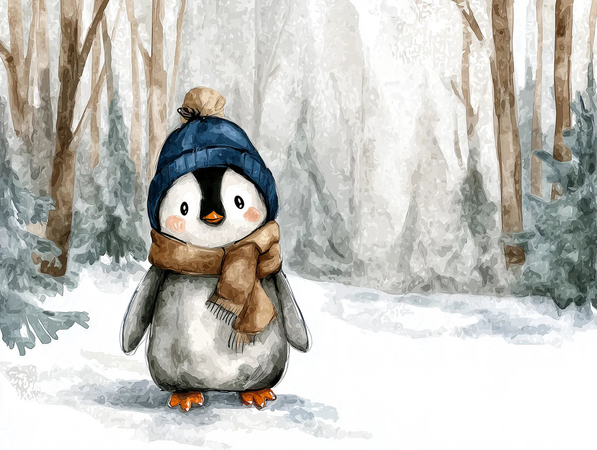 Winter Penguin in Snowy Forest Mural Wallpaper — Whimsical Decor Mural Wallpaper - room preview 04