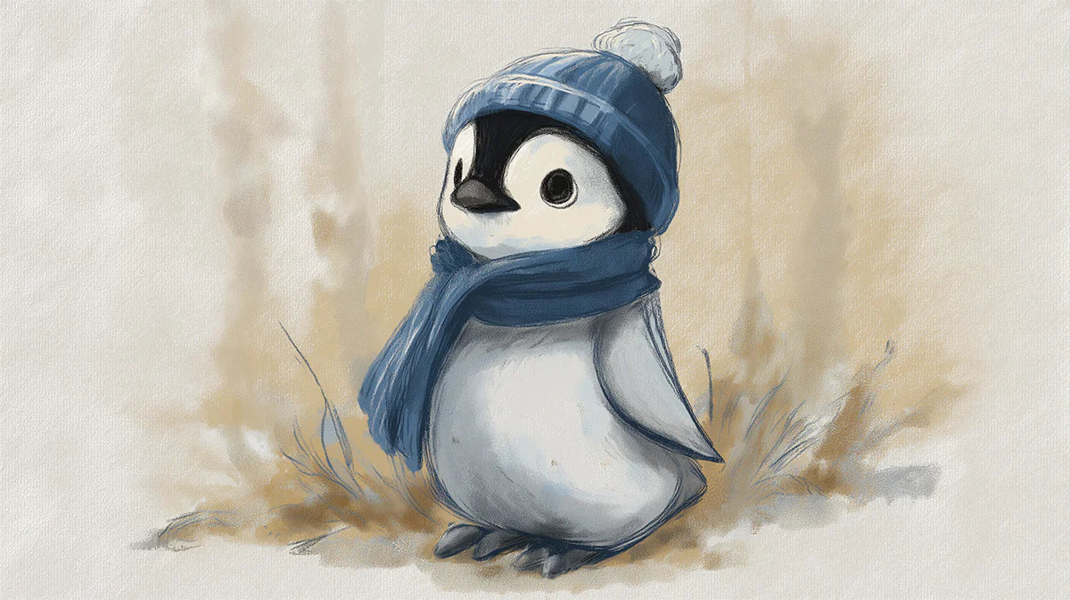 Baby Penguin Watercolor Mural Wallpaper — Soft Earthy Illustration Mural Wallpaper - room preview 04