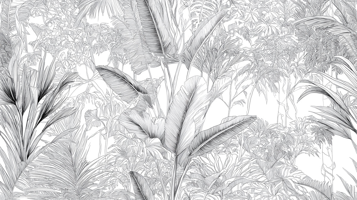 Monochrome Jungle Line Art Mural Wallpaper — Sophisticated Botanical Mural Wallpaper - room preview 04