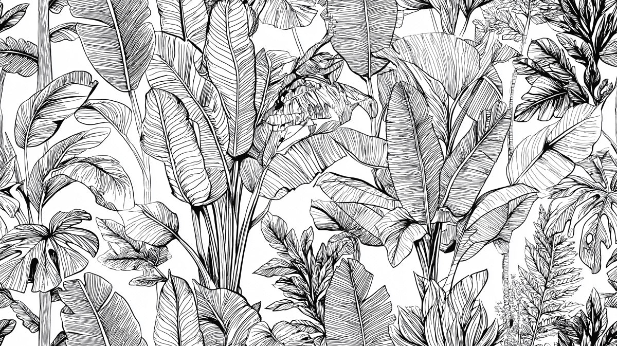 Ink Sketch Banana Leaf Mural Wallpaper — Monochromatic Botanical Mural Wallpaper - room preview 04