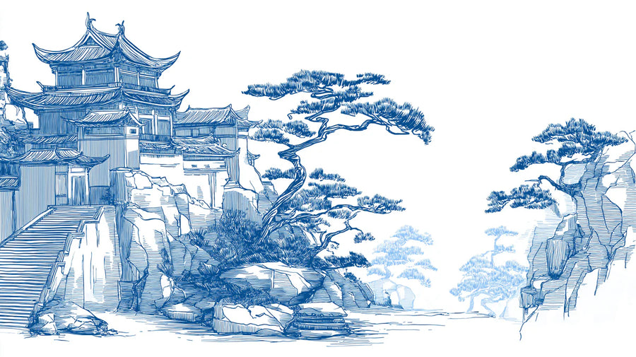 Landscape Wallpaper Mural – Scenery Wall Mural – Blue Ink Temple — Traditional Landscape Sketch printable artwork