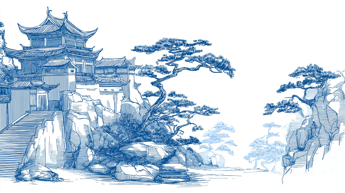 Blue Ink Temple Mural Wallpaper — Traditional Landscape Sketch Mural Wallpaper - room preview 04