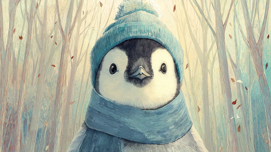 Kids Room Wallpaper Mural – Children Wall Mural – Winter Penguin Portrait —Soft Pastel Forest printable artwork
