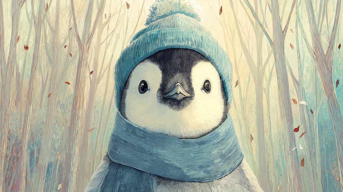 Winter Penguin Portrait Mural Wallpaper —Soft Pastel Forest Mural Wallpaper - room preview 04