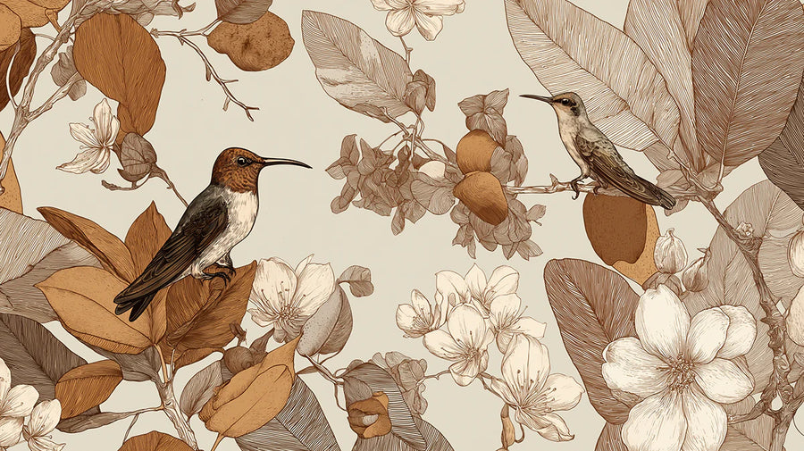 Nature Wallpaper Mural – Natural Wall Mural – Vintage Hummingbird — Botanical Line Art printable artwork