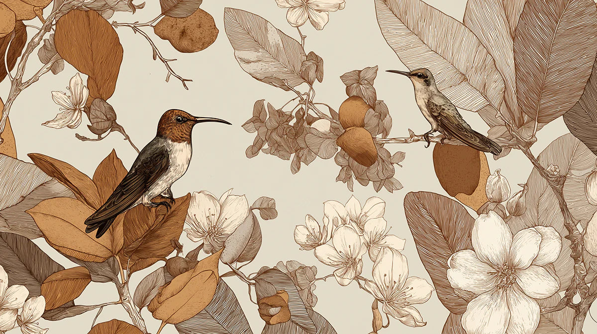 Vintage Hummingbird Mural Wallpaper — Botanical Line Art Mural Wallpaper - room preview 04
