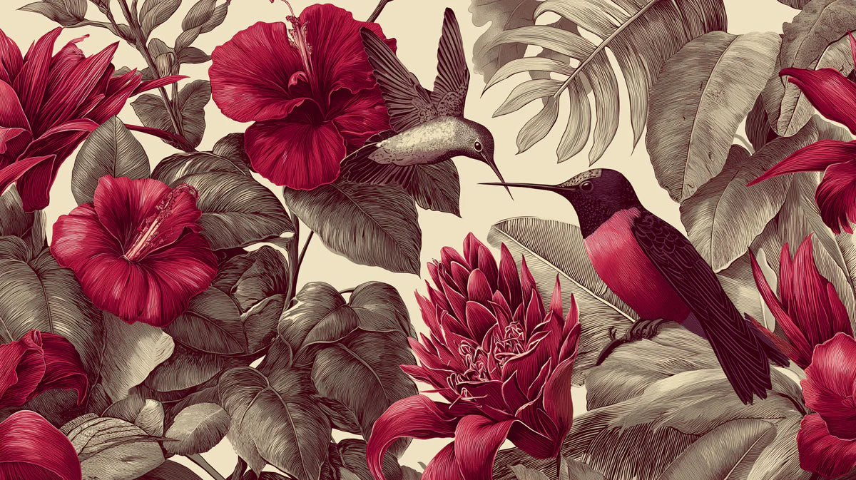 Vintage Hibiscus and Hummingbird Mural Wallpaper — Botanical Art Mural Wallpaper - room preview 04