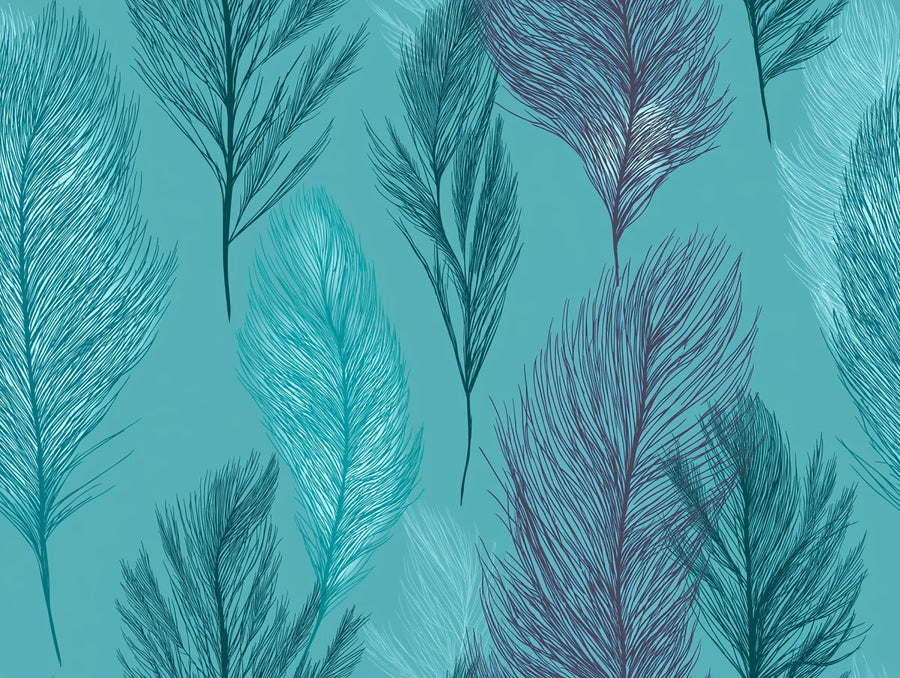 Botanical Wallpaper Mural – Leaf & Plant Wall Mural – Turquoise Feather Line Art — Ethereal Pattern printable artwork