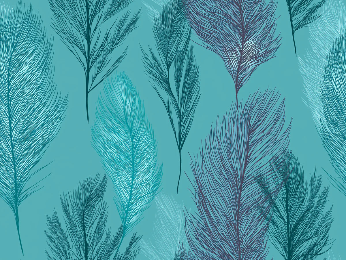 Turquoise Feather Line Art Mural Wallpaper — Ethereal Pattern Mural Wallpaper - room preview 04