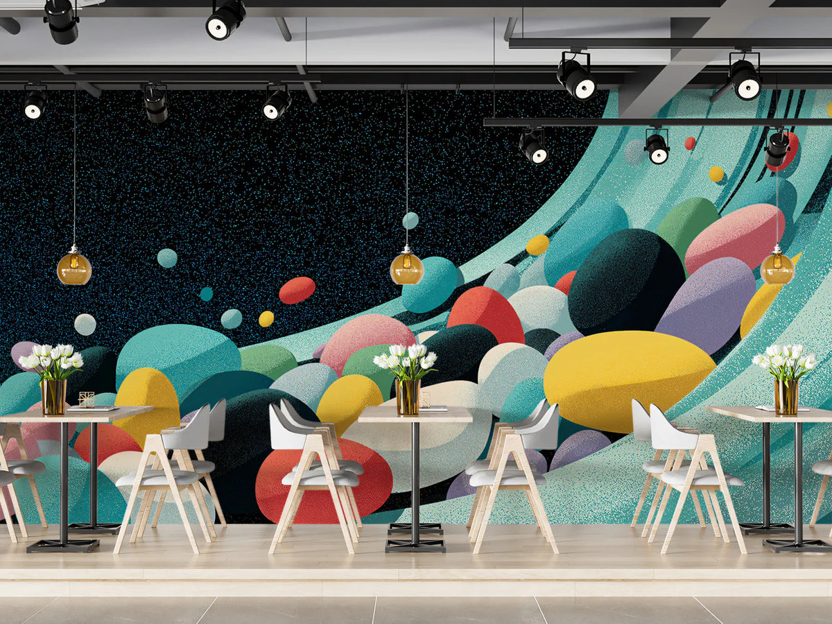Cosmic Pebble Flow Mural Wallpaper — Abstract Retro Wave Mural Wallpaper - room preview 04