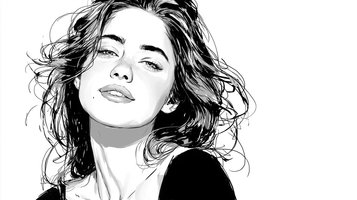 Monochromatic Portrait Mural Wallpaper — Expressive Line Art Mural Wallpaper - room preview 04