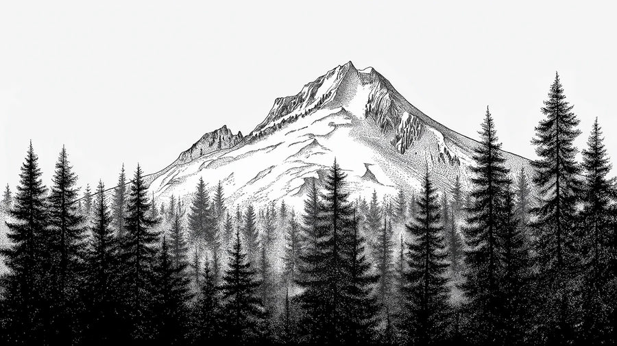 Landscape Wallpaper Mural – Scenery Wall Mural – Stippled Alpine Peak — Hand-Drawn Mountain Landscape printable artwork
