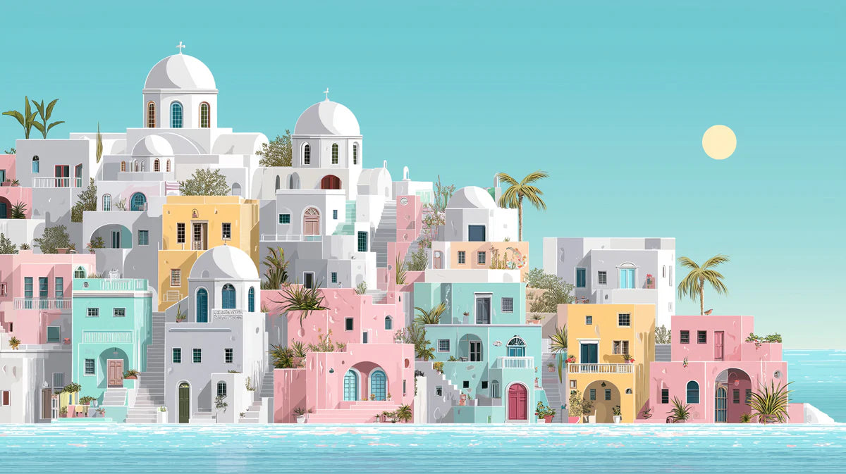 Mediterranean Village Mural Wallpaper — Coastal Pastel Scenery Mural Wallpaper - room preview 04