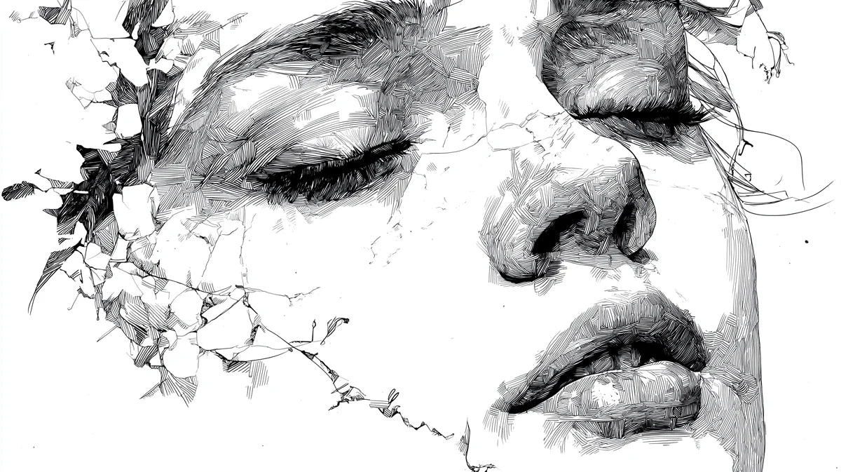Shattered Contour Portrait Mural Wallpaper — Artistic Line Art Mural Wallpaper - room preview 04