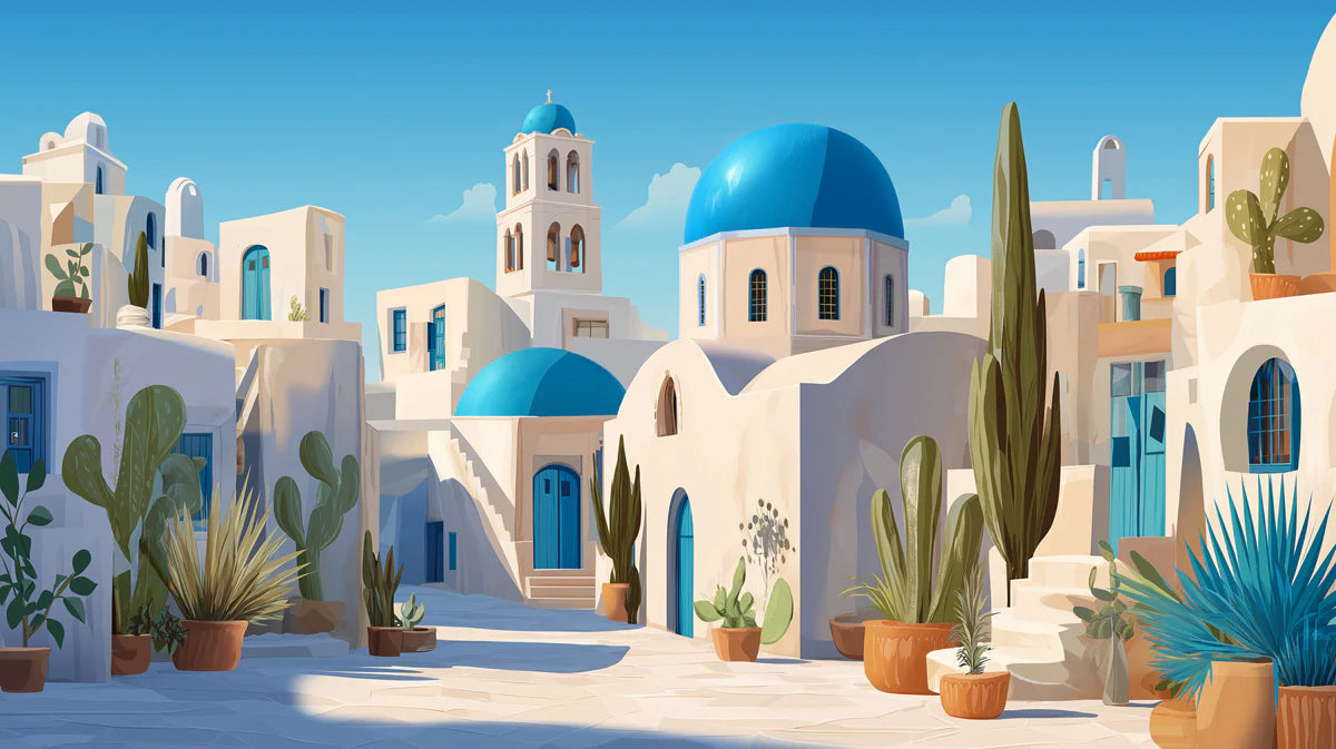 Santorini Street Scene Mural Wallpaper — Mediterranean Architectural Mural Wallpaper - room preview 04