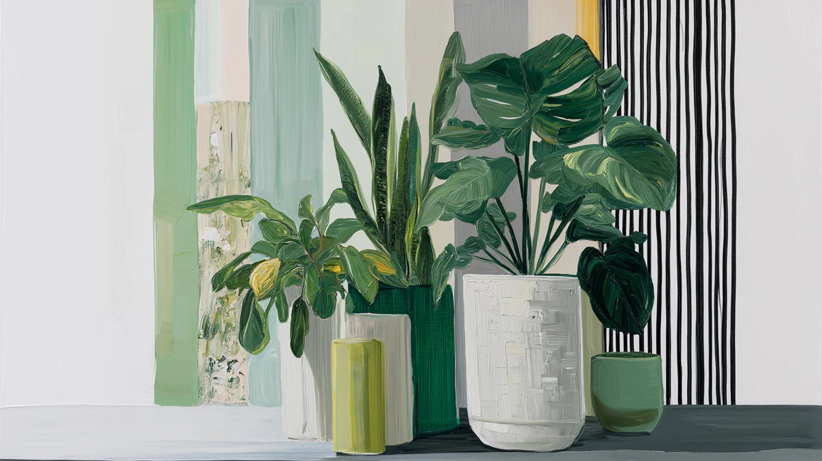 Modern Botanical Potted Plant Mural Wallpaper — Artistic Striped Mural Wallpaper - room preview 04