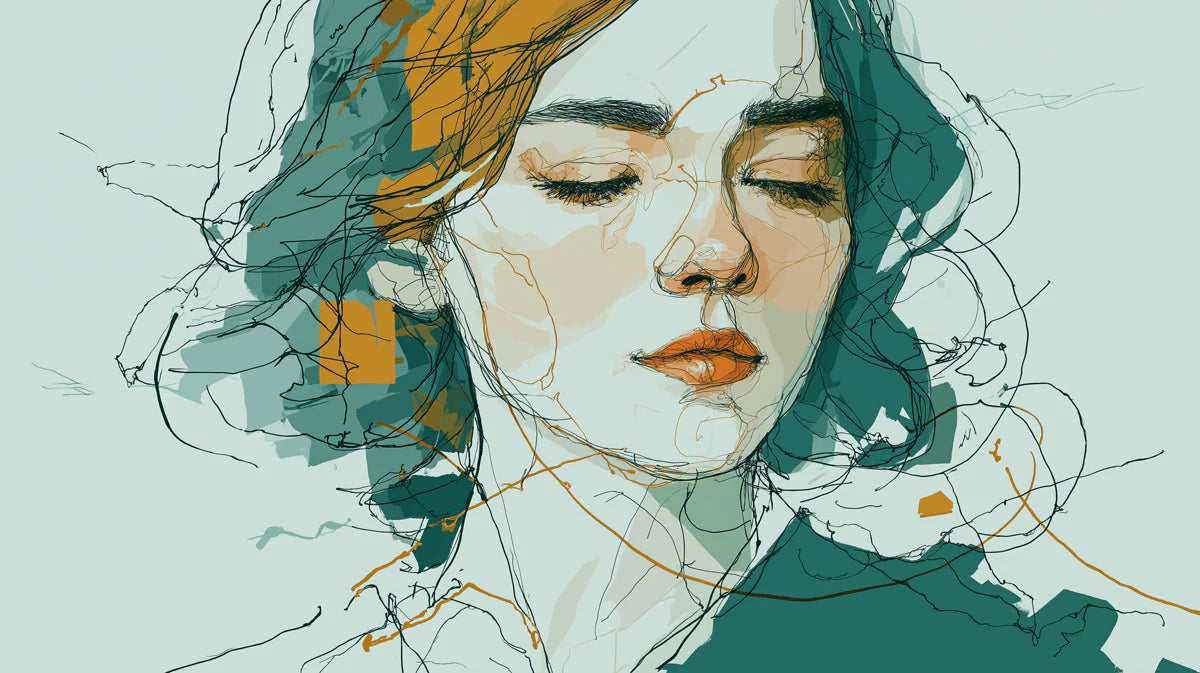 Abstract Scribble Portrait Mural Wallpaper in Teal and Ochre Mural Wallpaper - room preview 04