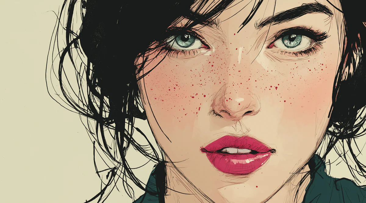 Freckled Portrait Sketch Mural Wallpaper — Expressive Line Art Mural Wallpaper - room preview 04