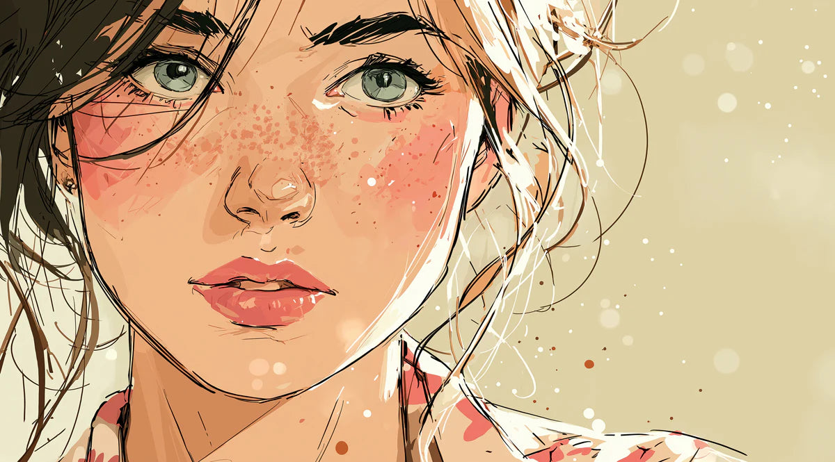 Freckled Portrait Illustration Mural Wallpaper — Soft Sketch Style Mural Wallpaper - room preview 04