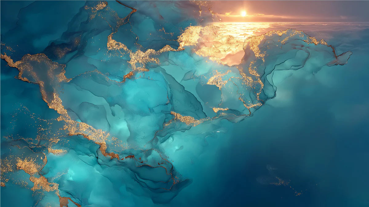 Celestial Turquoise & Gold Fluid Art Mural Wallpaper - room preview 04
