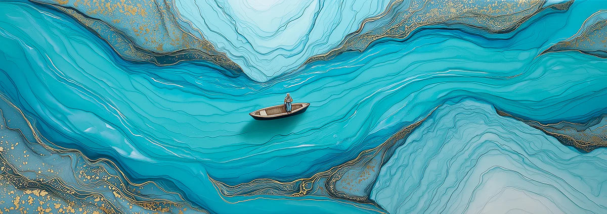 Turquoise Fluid Ink Mural Wallpaper with Gold Veined Detail Mural Wallpaper - room preview 04