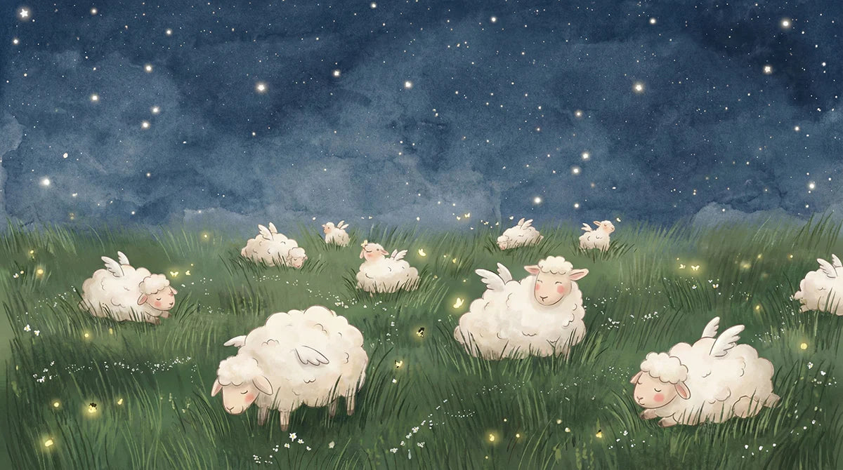 Winged Sheep Starry Meadow Mural Wallpaper — Whimsical Night Sky Mural Wallpaper - room preview 04