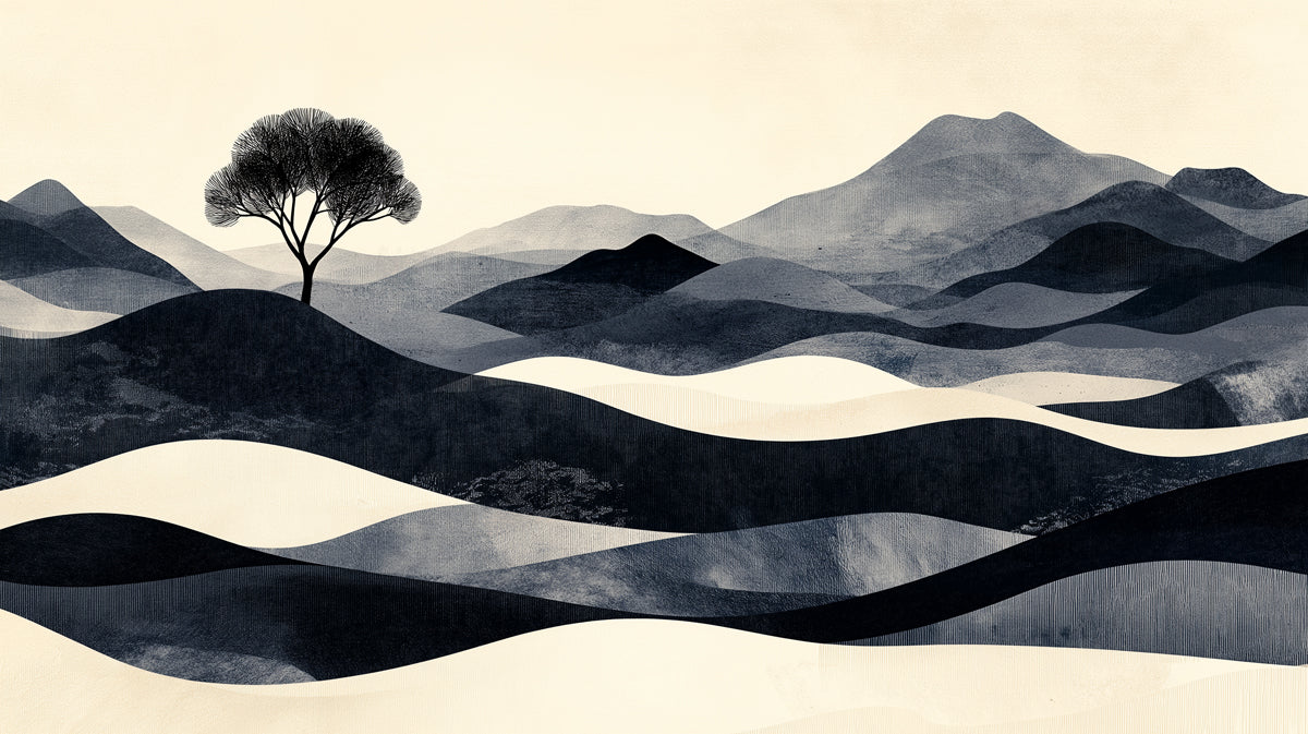 Zen Solitary Tree Landscape Mural Wallpaper — Minimalist Charcoal Mural Wallpaper - room preview 04