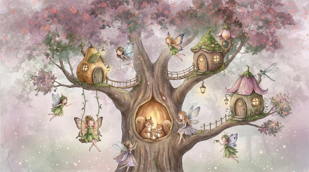 Fairy Tree House Mural Wallpaper — Whimsical Watercolor Illustration Mural Wallpaper - room preview 04