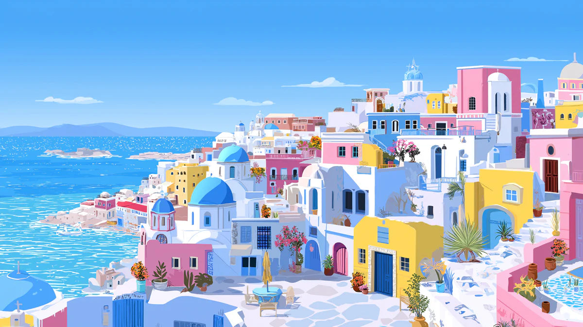 Santorini Coastal Village Mural Wallpaper — Vibrant Greek Escape Mural Wallpaper - room preview 04