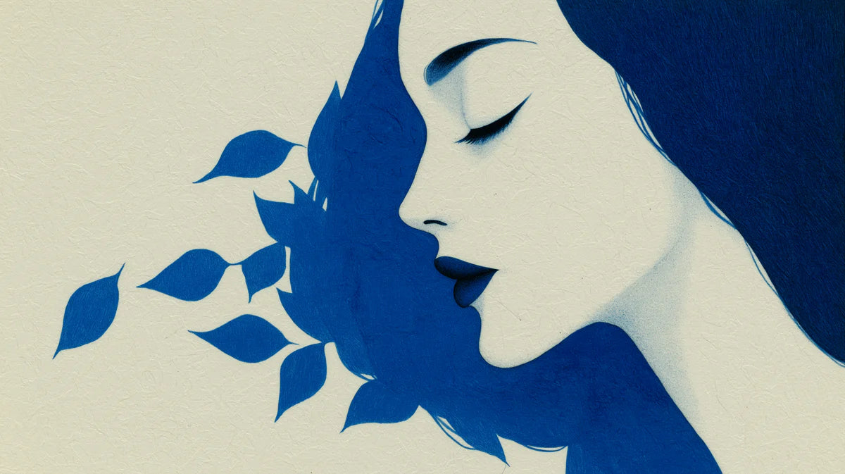 Woman Profile Blue Leaf Mural Wallpaper — Minimalist Sketch Art Mural Wallpaper - room preview 04