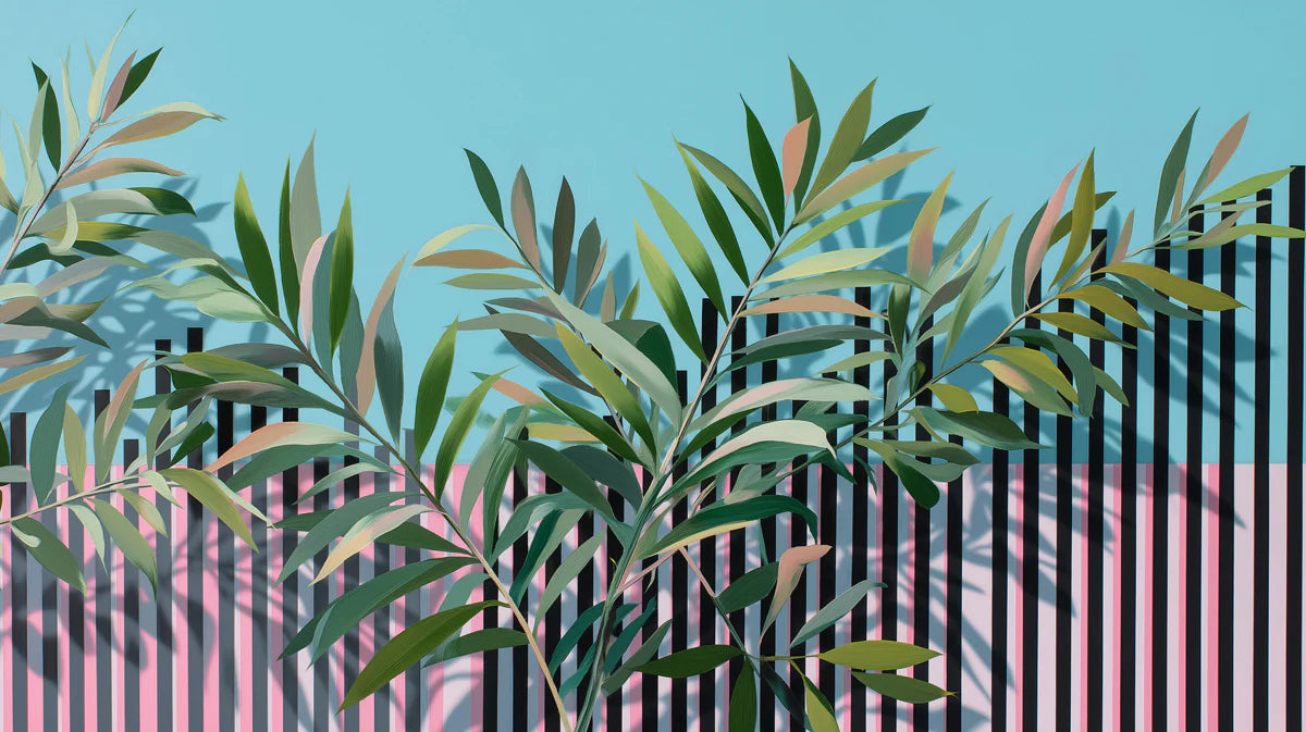 Modern Tropical Stripe Mural Wallpaper —Eclectic Botanical Art Mural Wallpaper - room preview 04