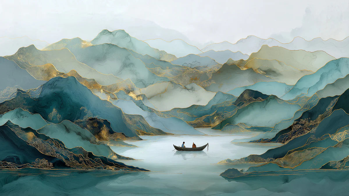 Teal Ink Wash Mountain Mural Wallpaper — Ethereal Landscape Mural Wallpaper - room preview 04