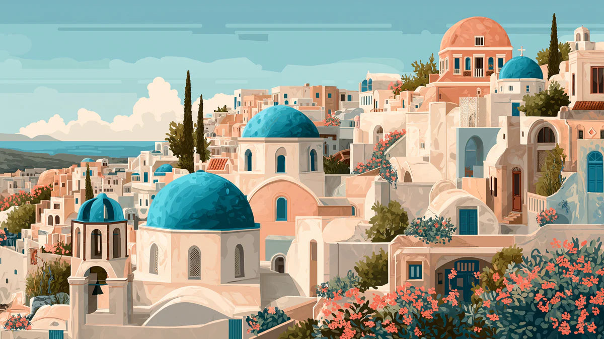 Santorini Coastal Village Mural Wallpaper — Mediterranean Summer Mural Wallpaper - room preview 04