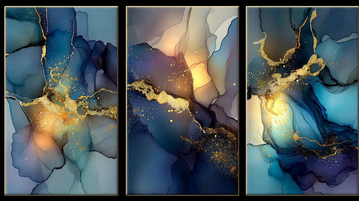 Midnight Gold Triptych Mural Wallpaper — Modern Fluid Art Mural Wallpaper - room preview 04
