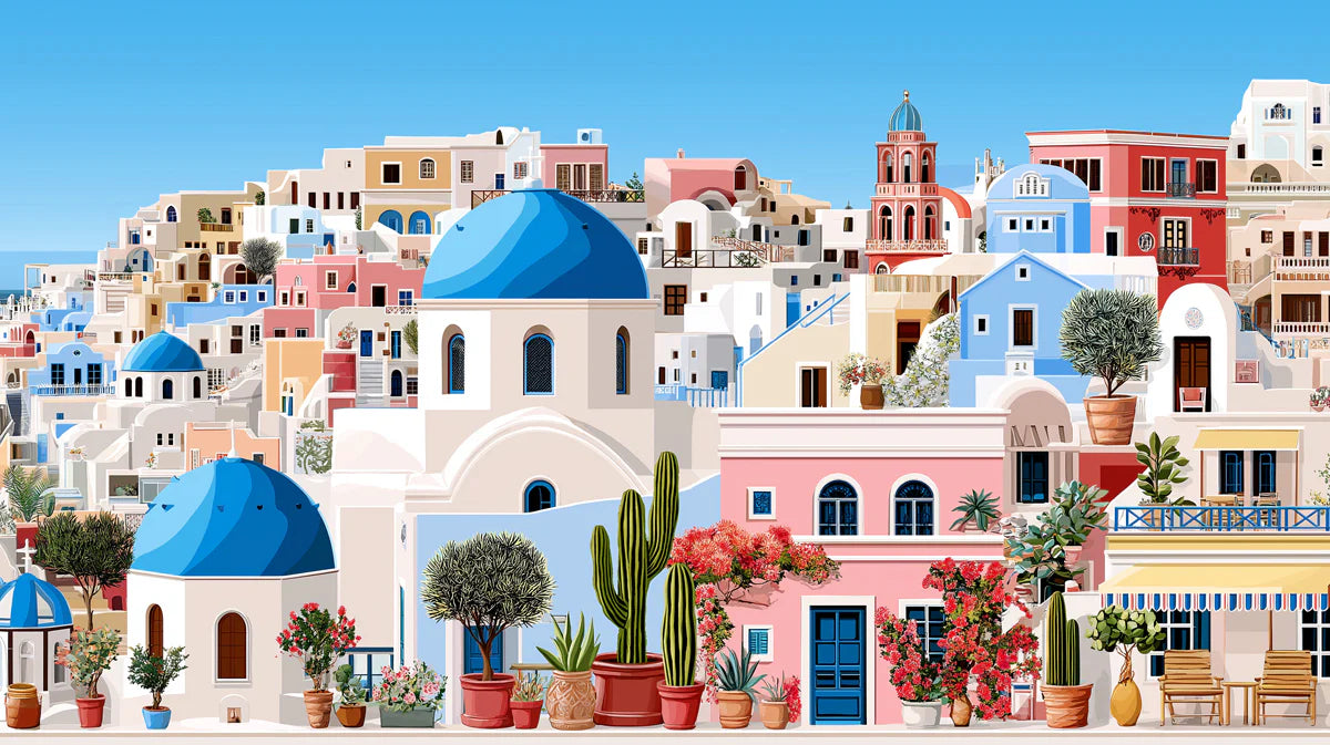 Mediterranean Hillside Village Mural Wallpaper — Vibrant Scenic Mural Wallpaper - room preview 04