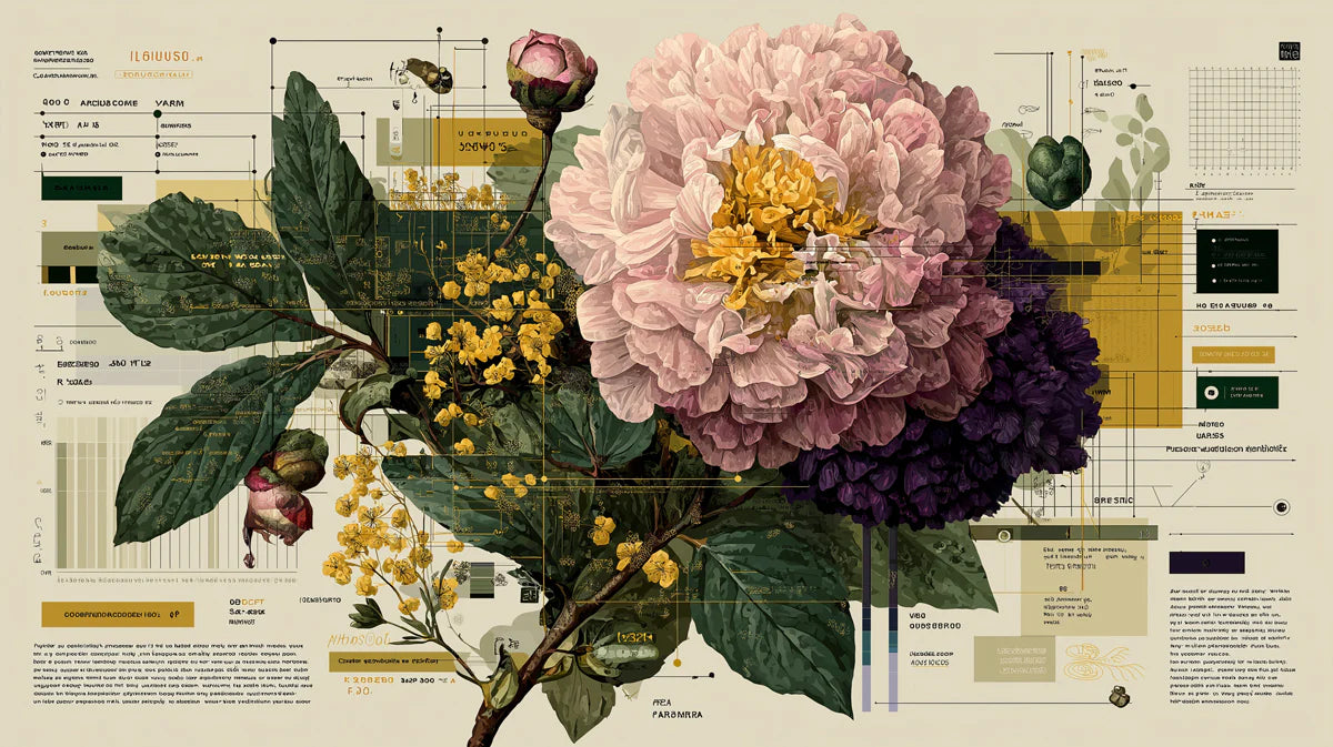 Peony Botanical Schematic Mural Wallpaper — Vintage Blueprint Art Mural Wallpaper - room preview 04
