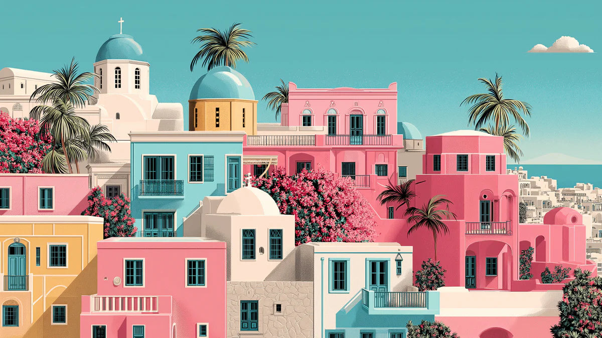 Mediterranean Coastal Village Mural Wallpaper — Pastel Pink Architecture Mural Wallpaper - room preview 04