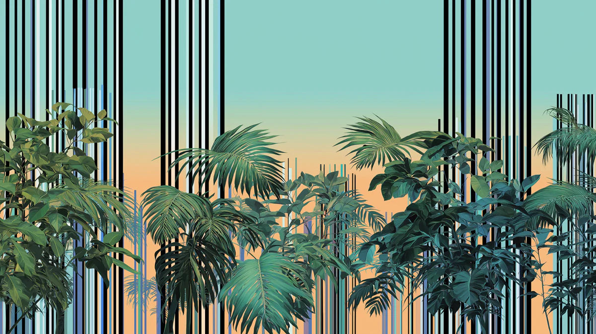 Sunset Tropics Mural Wallpaper — Modern Linear Botanical Art Mural Wallpaper - room preview 04